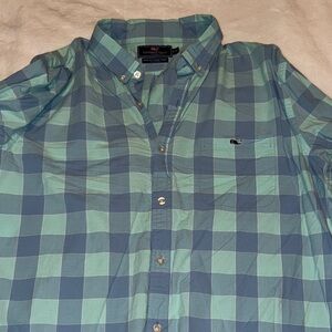Vineyard Vines Men's Blue and Green Plaid Shirt